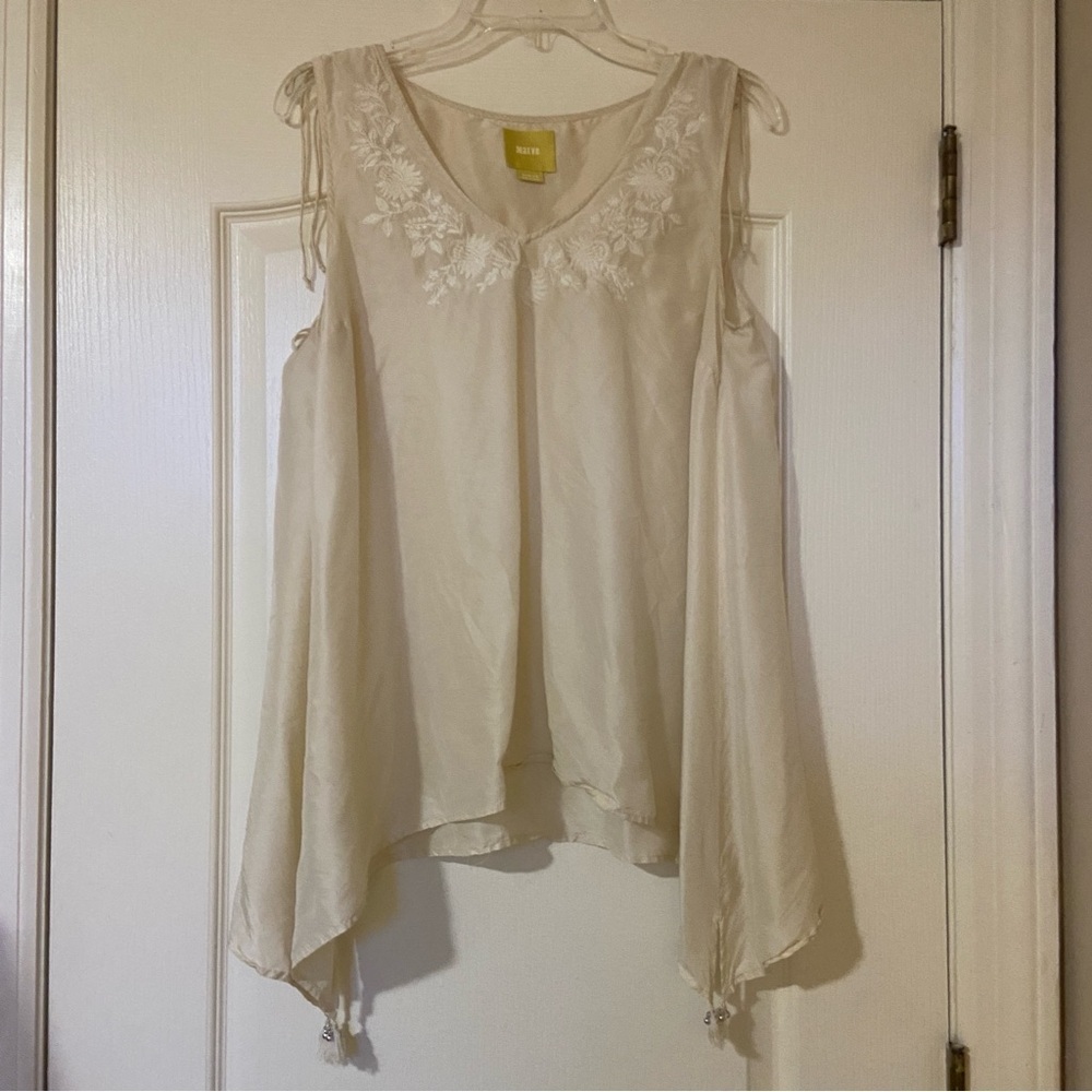 Cream Silk Embroidered Sleeveless Top